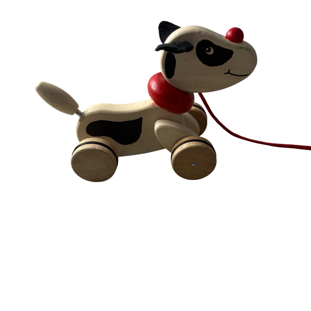 VTG Wooden‎ Pull Toy Dog Spotted Puppy with Red Collar and Spring Tail 1727